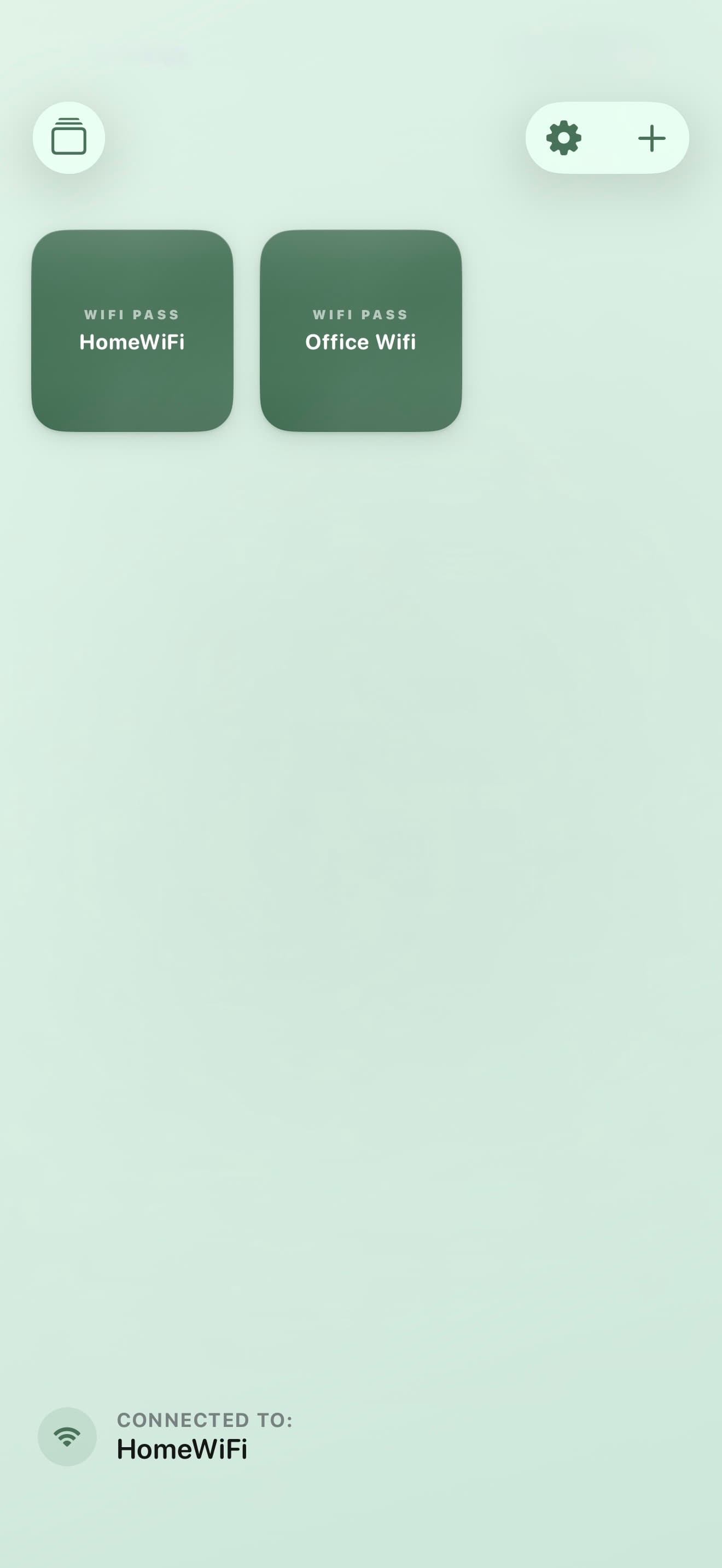 WiFi Share home screen showing saved Wi-Fi passes
