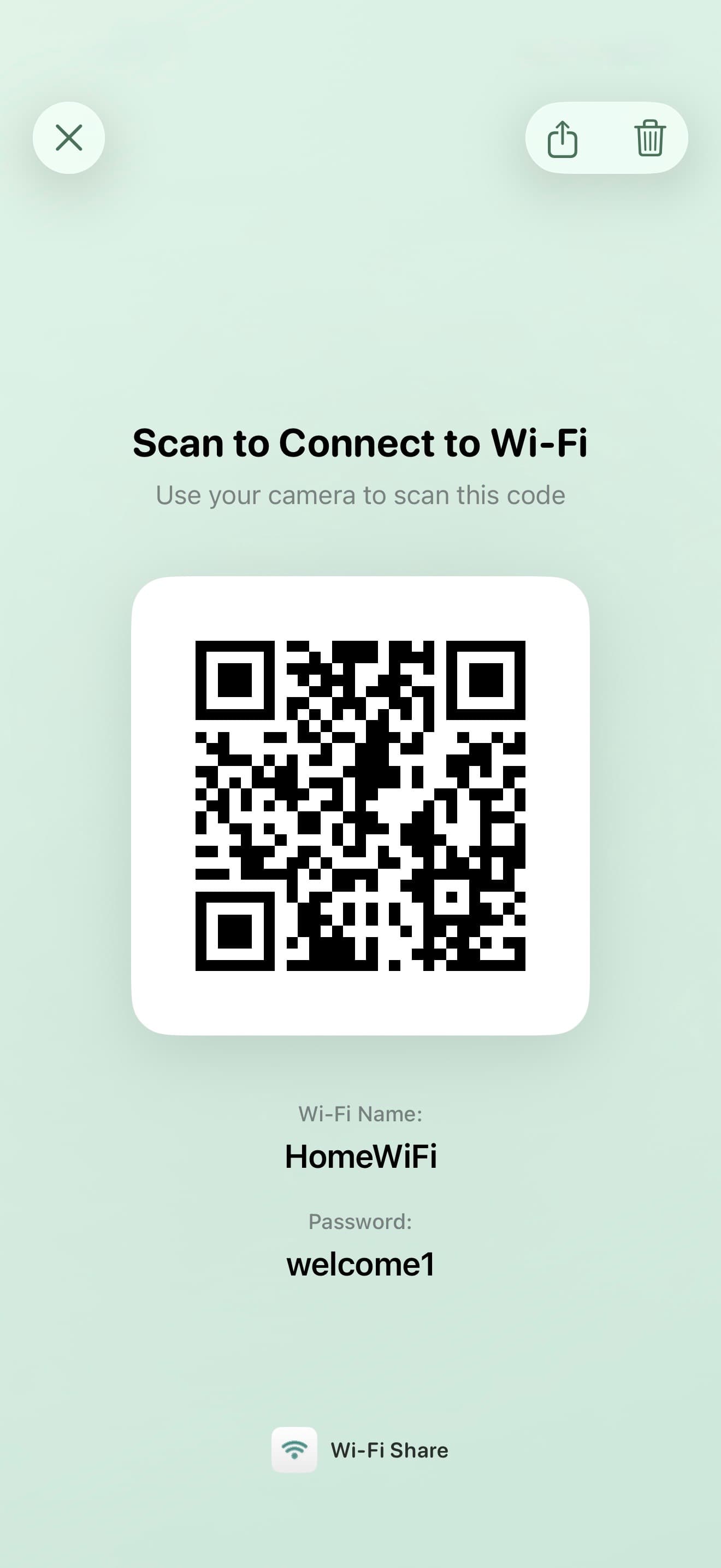 WiFi Share QR code screen for guests to scan